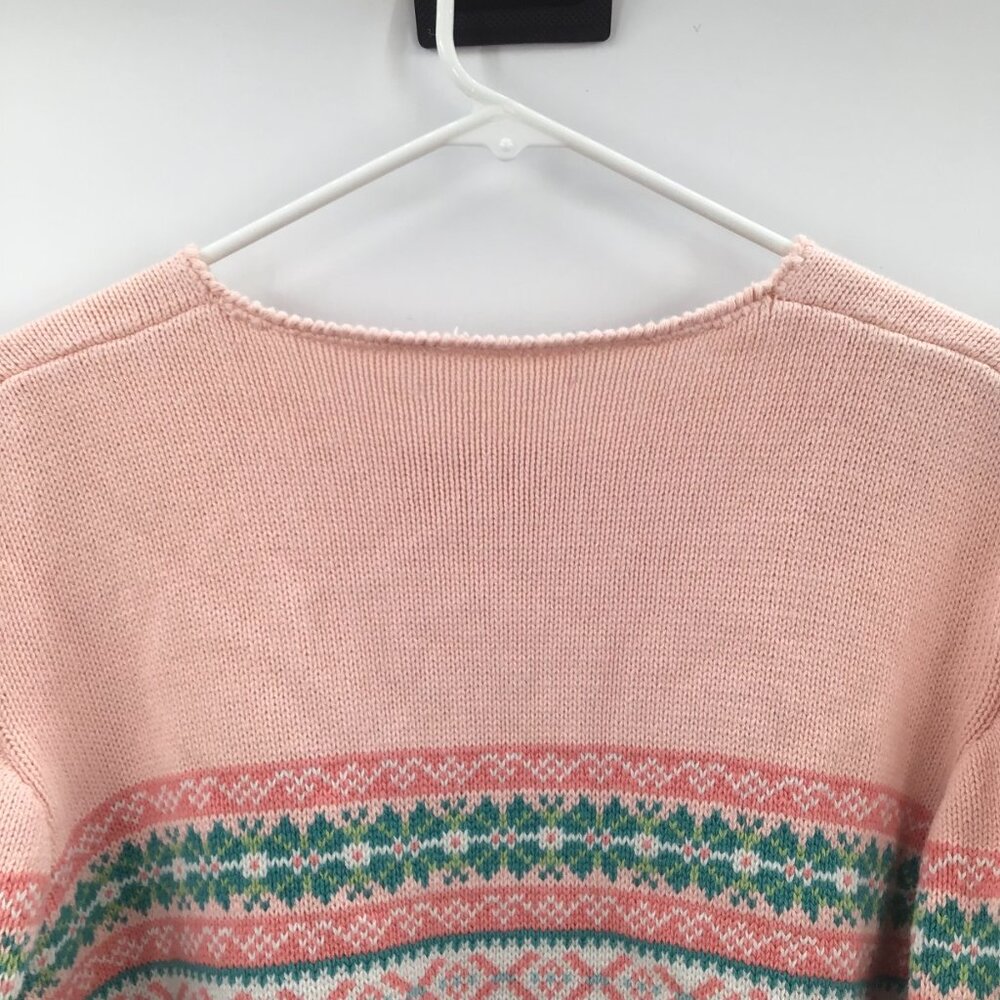 Vintage Womens 1990s Fair Isles Nordic Christmas Sweater Pink Green Cotton Soft - Picture 5 of 11